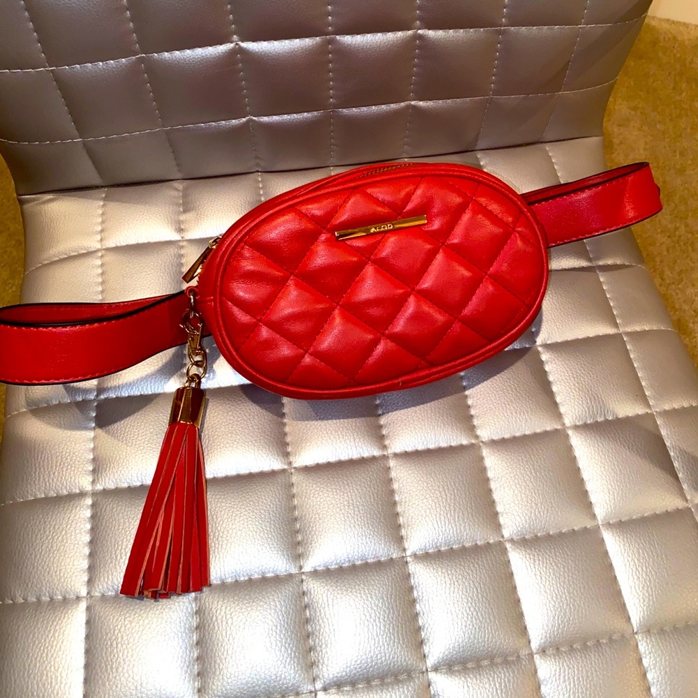 ALDO Belt Quilted Red Faux Leather Crossbody Bag